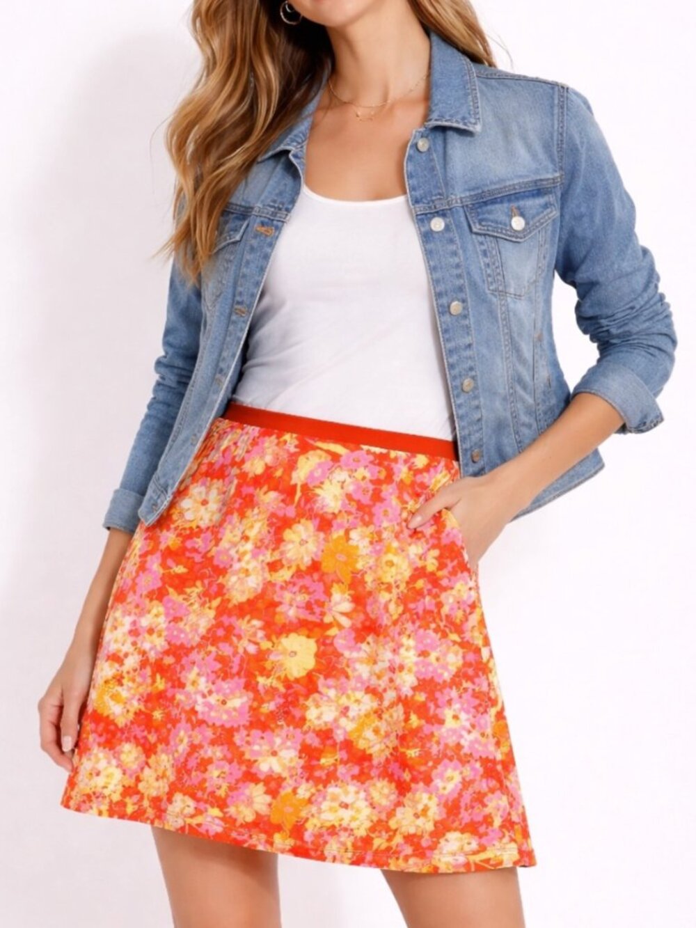 LL Bean Floral A Line Skirt Petite 8 Pink Orange Cotton Pocket Summer